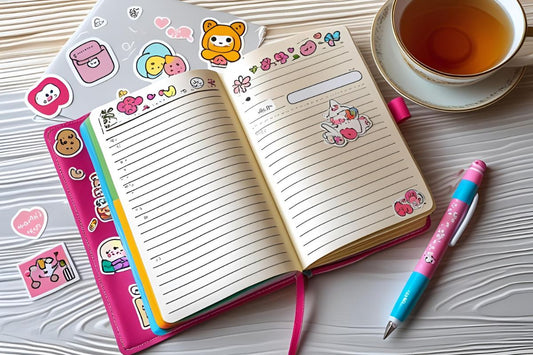 Un agenda ouvert, quelques stickers éparpillés, un stylo kawaii, une tasse de thé, un fond clair
