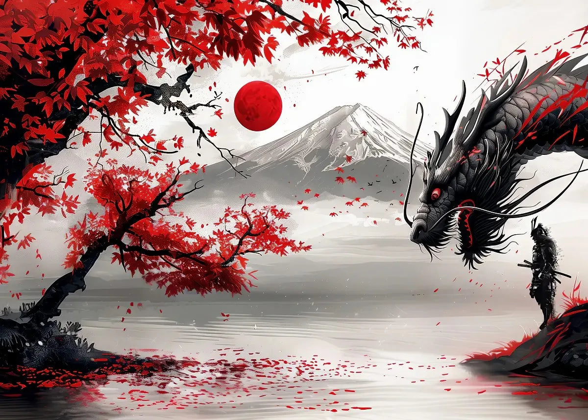 Poster Japon Couleurs Traditionnelles Mont Fuji Samouraï Dragon