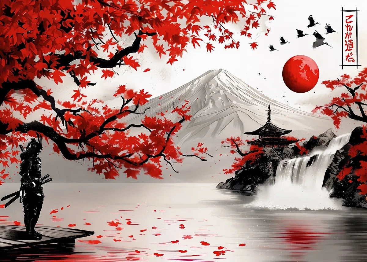 Poster Japon Couleurs Traditionnelles Mont Fuji Samouraï doux