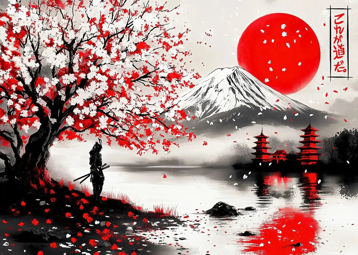 Poster Japon Couleurs Traditionnelles Mont Fuji et Samouraï