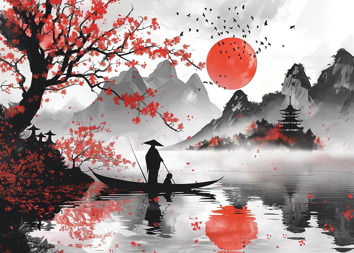Poster Japon Couleurs Traditionnelles Pirogue