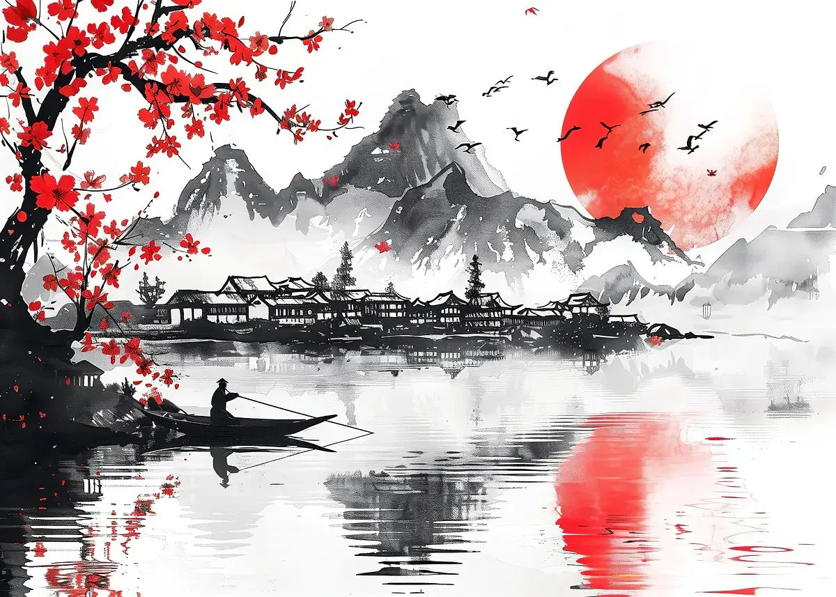 Poster Japon Couleurs Traditionnelles Pirogue ville montagne