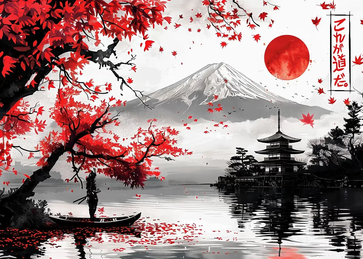 Poster Japon Couleurs Traditionnelles Samouraï et Mont Fuji