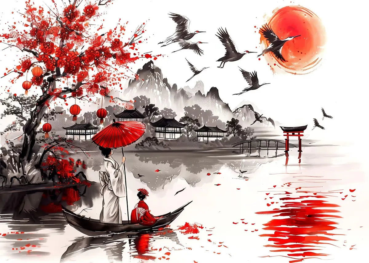 Poster Japon Couleurs Traditionnelles cigognes