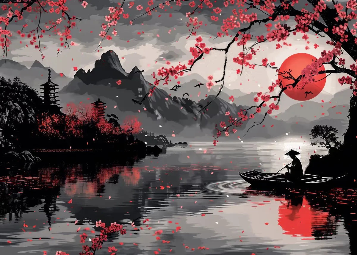 Poster Japon Couleurs Traditionnelles nuage et pecheur