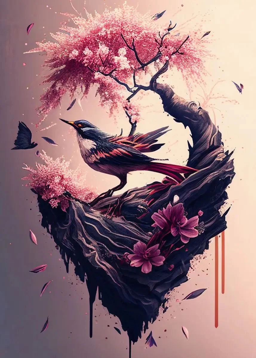 Poster Kawaii Sakura et oiseau