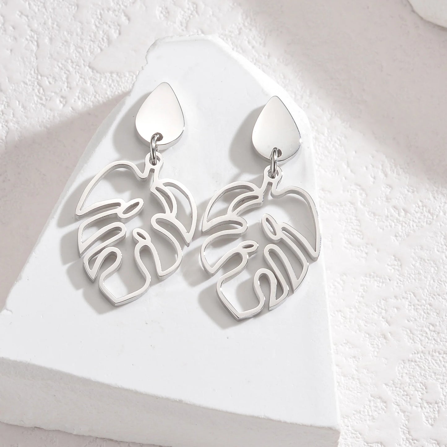 Boucles D'oreilles Kawaii Feuilles et goute argentee