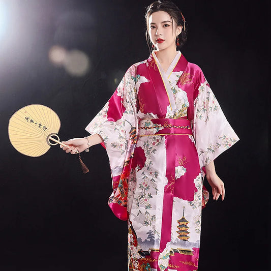 Kimono Traditionnel rose vif et blanc