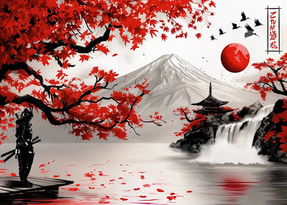 Poster Japon Couleurs Traditionnelles Mont Fuji Samouraï doux