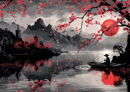Poster Japon Couleurs Traditionnelles nuage et pecheur